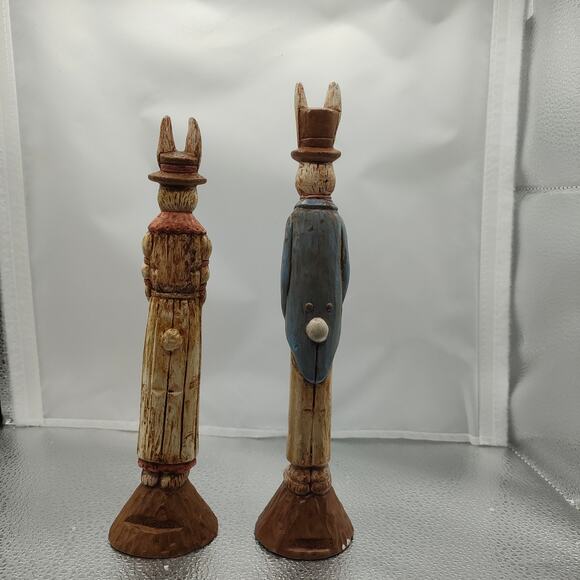 Ceramic Easter Bunny Figurines Hand Painted Rustic Male & Female Home Decor - Picture 10 of 12